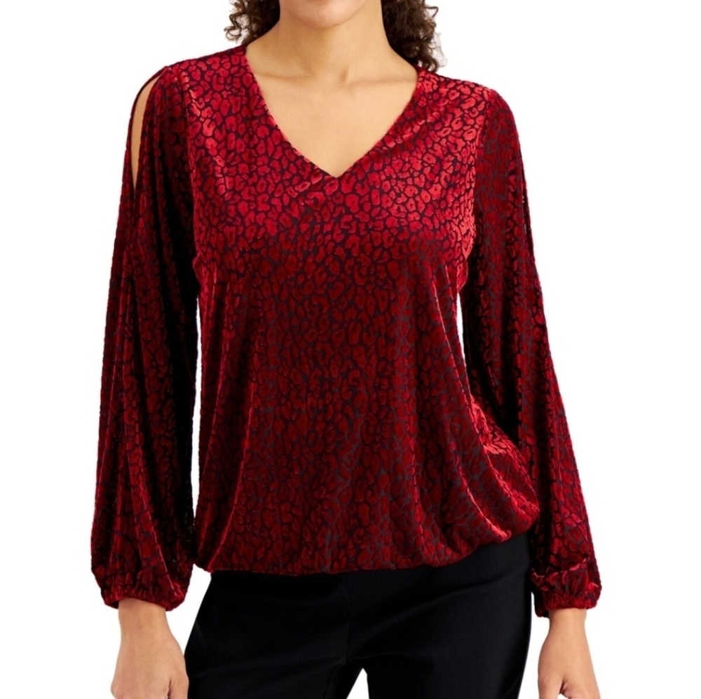 JM Collection Womens Black Red Leapord Print Top Open Shoulder Size Large